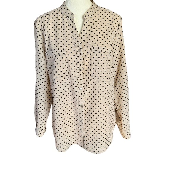 Notations Petite beige black polka dot long sleeve button down v-neck blouse PL - Picture 1 of 11
